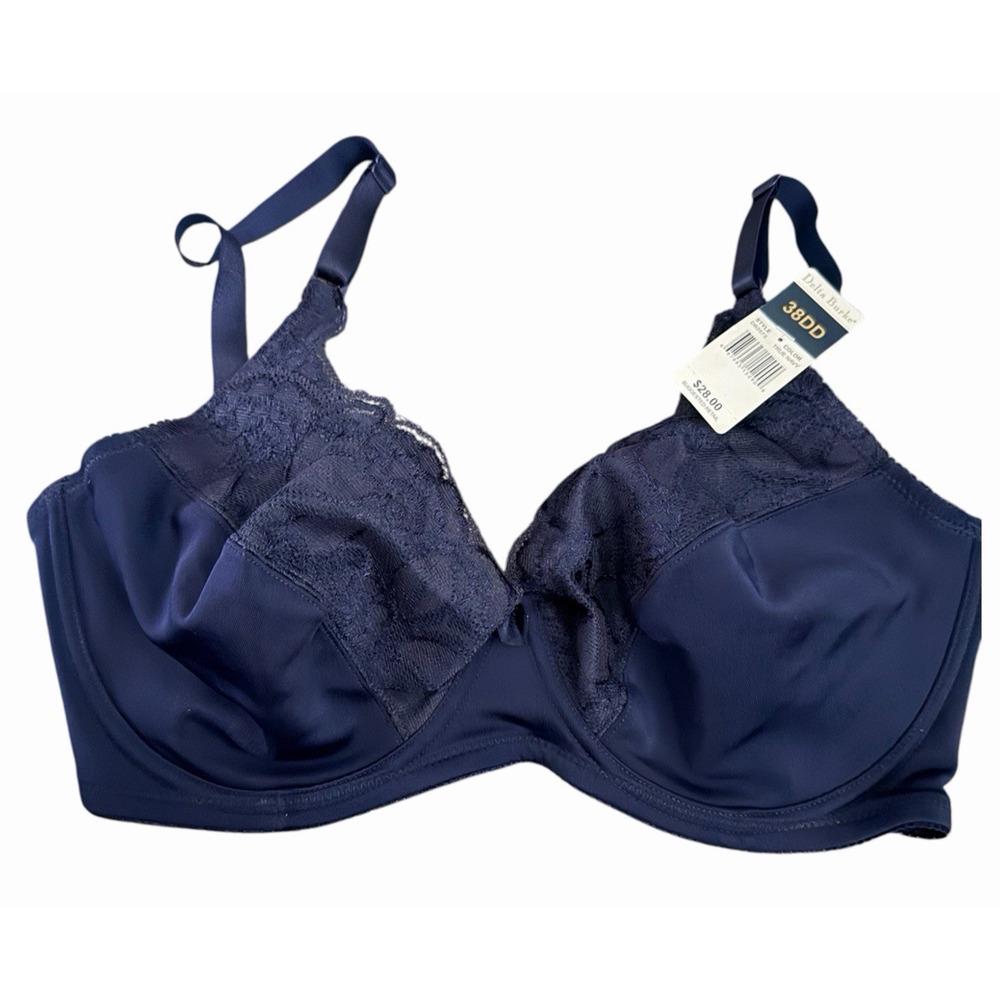 Delta Burke Bra 38DD True Navy Blue Lace Mesh Underwire Full Coverage NWT